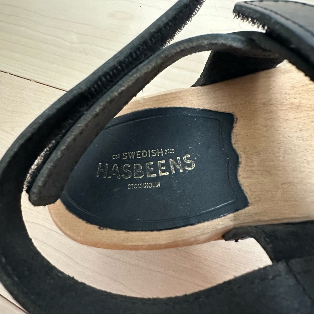 Swedish Hasbeens Leather Platform Sandals Wood Clog Heel Adjustable Velcro - Picture 7 of 12